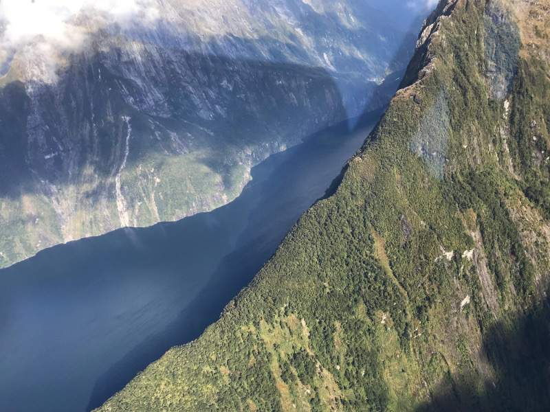 view from airplane of the sheer cliff faces of Milford Sound