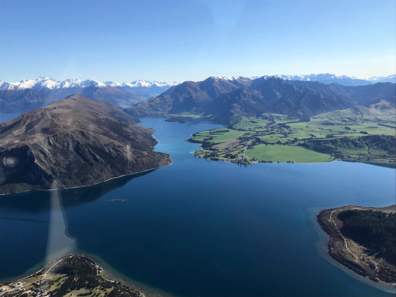 view from airplane over Lake Wanaka on the way to Milford Sound